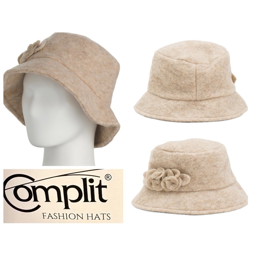 Complit Made in Italy Beige Heather Wool Blend Floral Applique Detail Bucket Hat